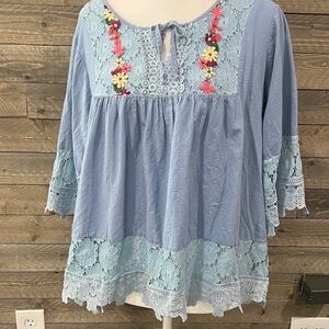 Boho Embroidered Lace Peasant Top XL